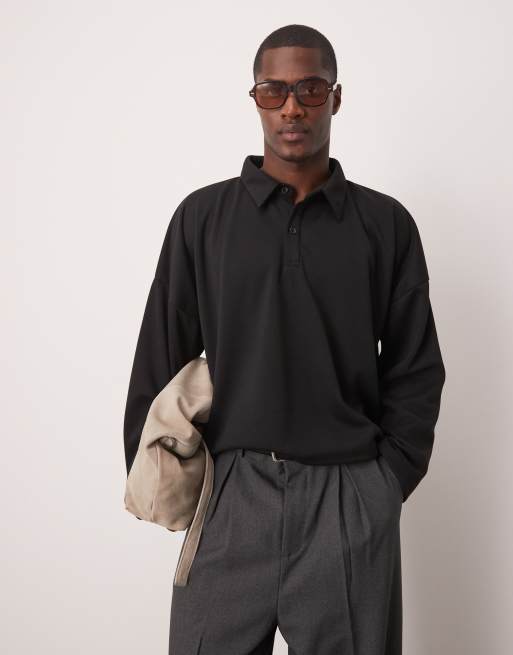 ASOS DESIGN – Oversize-Oberteil aus Scuba-Stoff in Schwarz mit Polokragen und überschnittenen Schultern