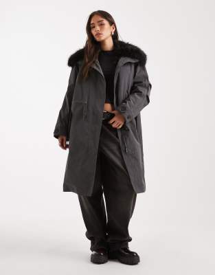 ASOS DESIGN - Oversize-Parka in Anthrazit mit schwarzem Pelzbesatz