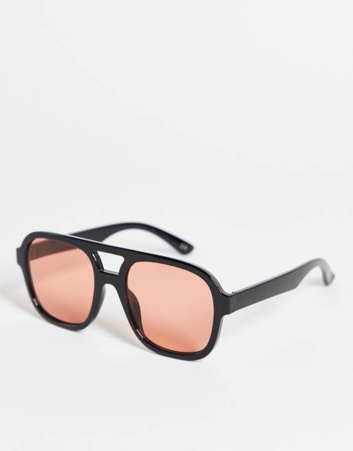 ASOS DESIGN Oversize Pilotensonnenbrille aus schwarzem Kunststoff mit pfirsichfarbenen Glasern ASOS