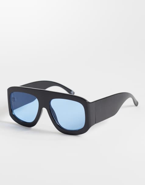ASOS DESIGN – Oversize-Pilotensonnenbrille in Schwarz mit blauen Gläsern - view 1
