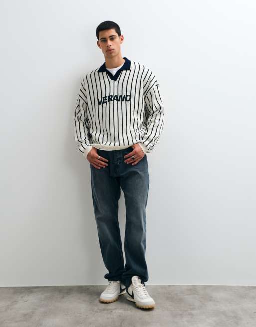 ASOS DESIGN Oversize-Polo mit Reverskragen in Ecru und Marineblau mit Grafikprint, 2 von 5