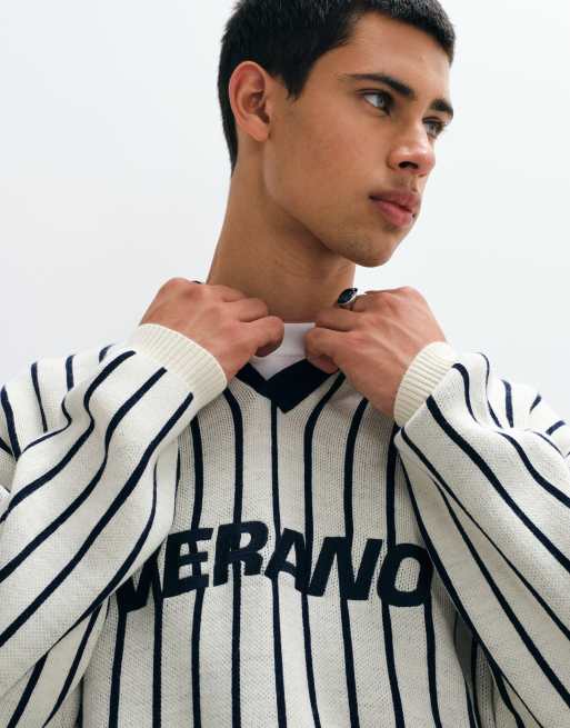 ASOS DESIGN Oversize-Polo mit Reverskragen in Ecru und Marineblau mit Grafikprint, 5 von 5