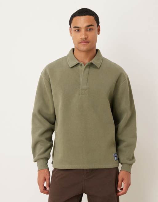ASOS DESIGN – Oversize-Polo-Sweatshirt in Khaki mit Logoaufnäher aus Webstoff