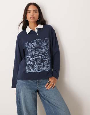 ASOS DESIGN - Oversize-Polo-Sweatshirt in Marineblau mit Country-Club-Grafik