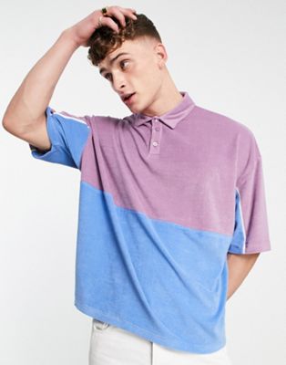 ASOS DESIGN – Oversize-Polohemd aus Frottee mit Farbblockdesign in Blau und Lila-Mehrfarbig