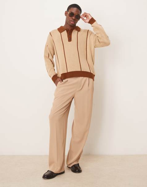 ASOS DESIGN – Oversize-Polohemd aus Strick in Beige mit hellbraunen Streifen - view 1