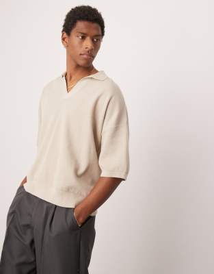 Oversize-Polohemd aus Strick in Ecru mit eingekerbtem Ausschnitt-Neutral Neutral S