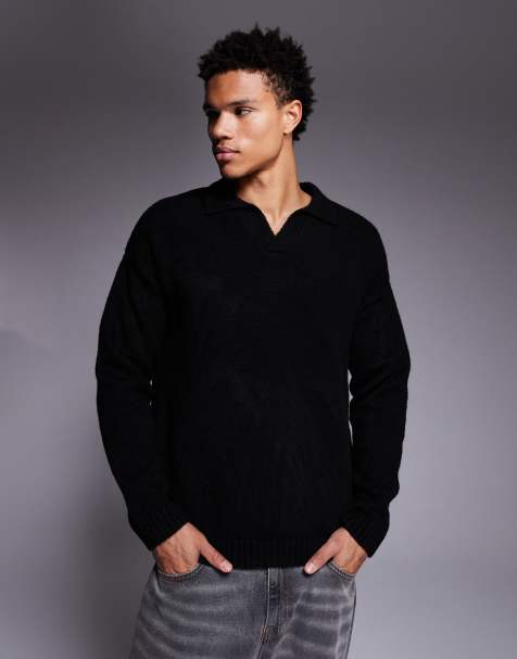 ASOS DESIGN – Oversize-Polohemd aus Strick in Schwarz mit eingekerbtem Ausschnitt - view 1