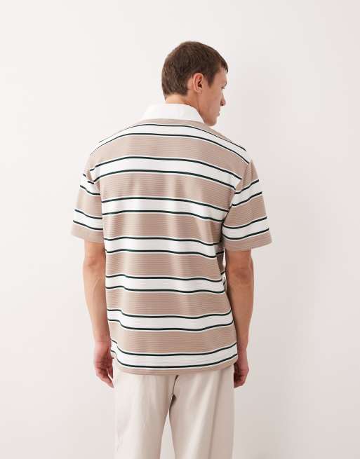 ASOS DESIGN – Oversize-Polohemd aus superschwerem Stoff in Hellbraun gestreift mit Text-Grafik, 3 von 5