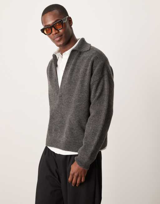 ASOS DESIGN – Oversize-Polohemd in Anthrazit mit Einkerbung am Ausschnitt