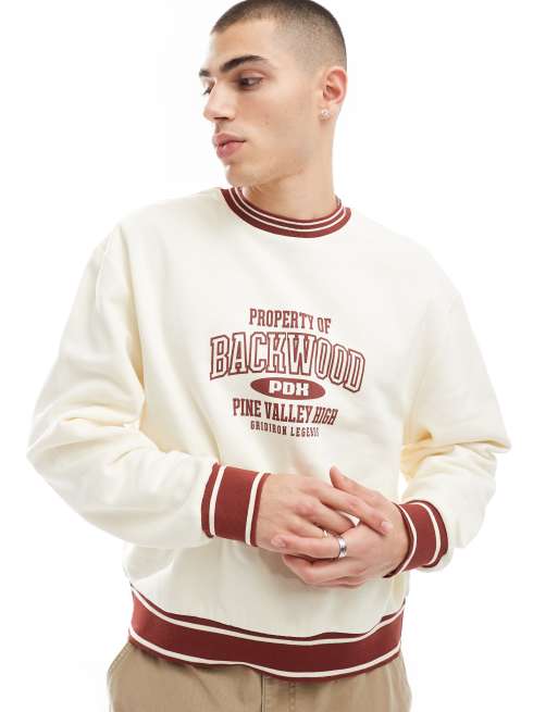 ASOS DESIGN – Oversize-Polohemd in Beige mit College-Print und roter Paspelierung