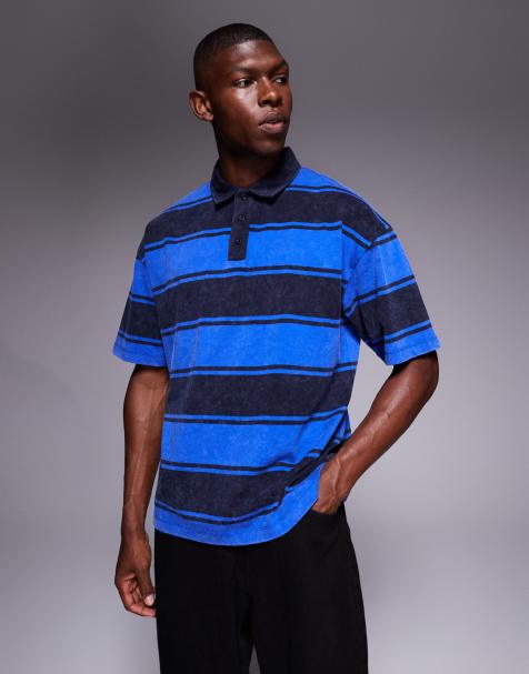 ASOS DESIGN – Oversize-Polohemd in gewaschenem Blau mit Streifen - view 1