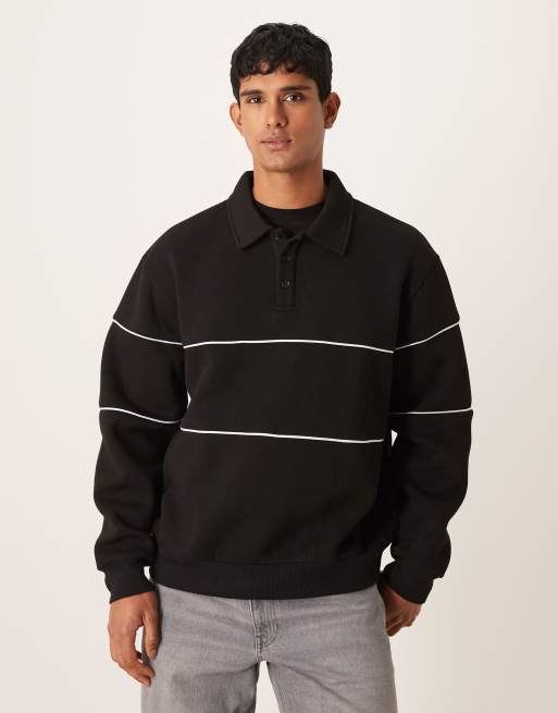 ASOS DESIGN – Oversize-Polohemd in Schwarz mit Paspelierung