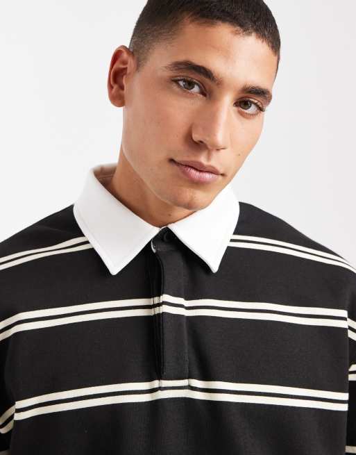 ASOS DESIGN – Oversize-Polohemd in Schwarz und Creme gestreift mit kontrastierendem Kragen, 5 von 5
