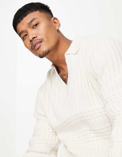 ASOS DESIGN – Oversize-Poloshirt aus Strick in Cremeweiß mit Zopfmuster