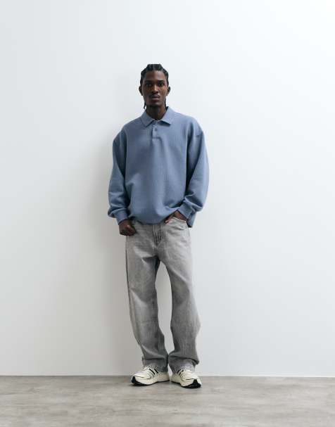ASOS DESIGN Oversize-Poloshirt mit langen Ärmeln aus Strukturstoff in Blau - view 1