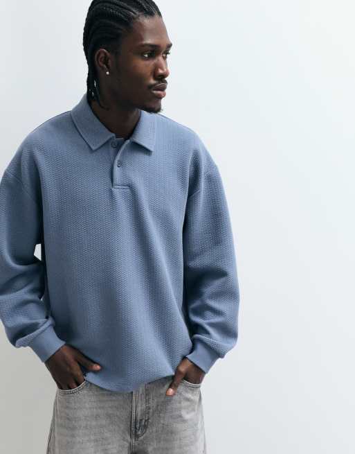 ASOS DESIGN Oversize-Poloshirt mit langen Ärmeln aus Strukturstoff in Blau, 5 von 5