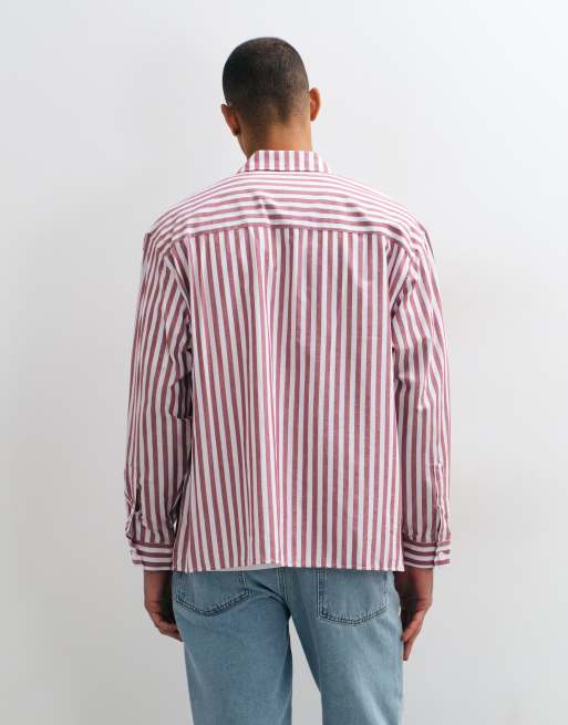 ASOS DESIGN Oversize-Popeline-Hemd mit Streifen in Burgunderrot und Weiß, 5 von 5