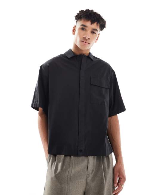 ASOS DESIGN – Oversize-Popelinehemd in lockerer Passform in Schwarz mit halblangen Ärmeln