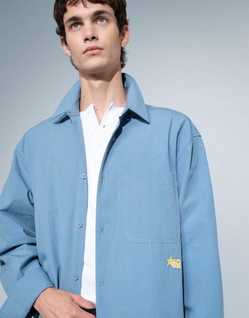 ASOS DESIGN Oversize-Poplin-Hemd mit Bruststickerei in Blau, 5 von 5