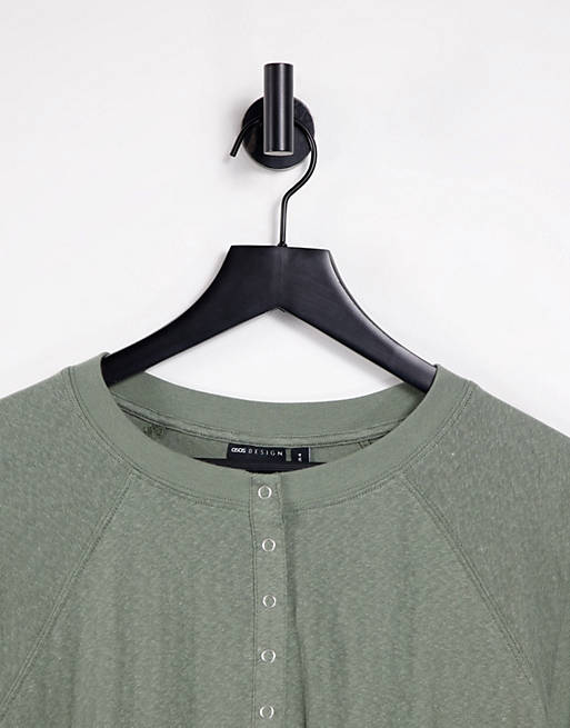 Tops oversize popper front long sleeve t-shirt in khaki 