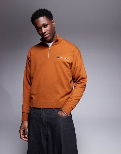 ASOS DESIGN – Oversize-Pullover im kastigen Schnitt in Braun mit Trichterkragen, kurzem Reißverschluss und Fronttasche - view 1