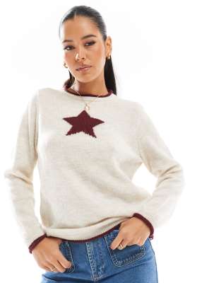 ASOS DESIGN - Oversize-Pullover in Creme und Rot mit Stern-Grafik-Weiß