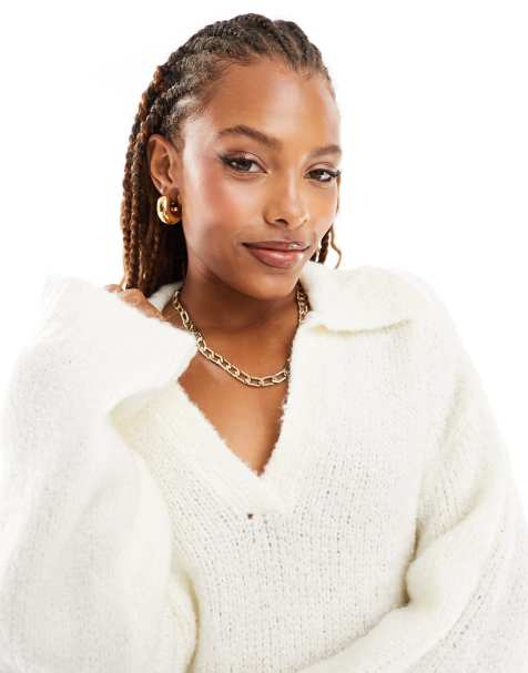 ASOS DESIGN – Oversize-Pullover in Cremeweiß mit Kragen-Detail - view 1