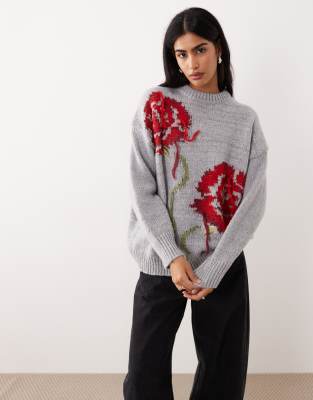 ASOS DESIGN - Oversize-Pullover in Grau mit Rosenmotiv