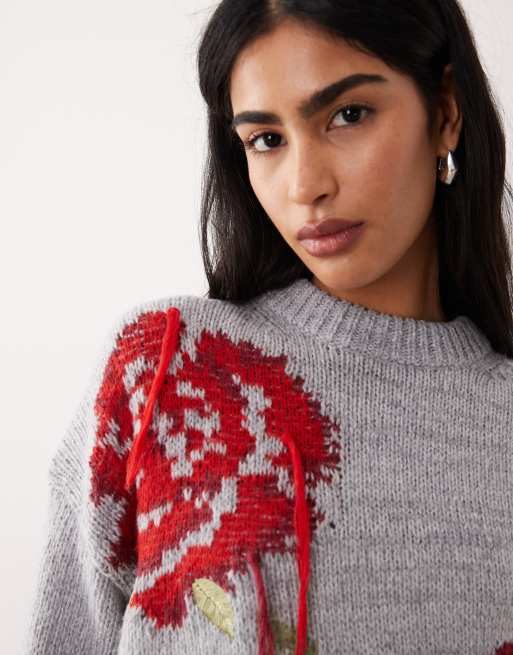 ASOS DESIGN – Oversize-Pullover in Grau mit Rosenmotiv, 3 von 4