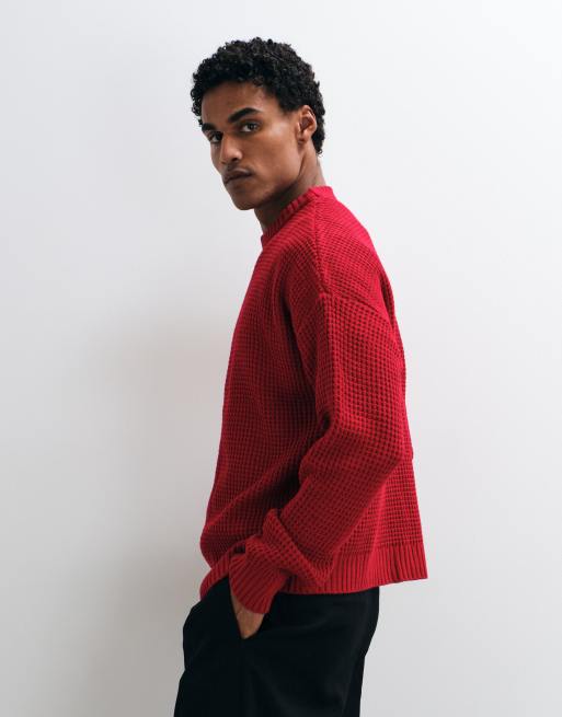 ASOS DESIGN Oversize-Pullover in grobem Waffelstrick in Rot, 4 von 5