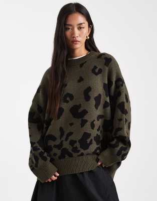 ASOS DESIGN - Oversize-Pullover in Khaki mit Leopardenmuster-Grün