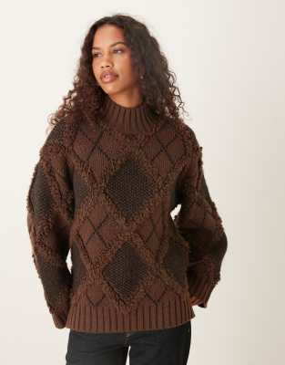 ASOS DESIGN - Oversize-Pullover in Schokobraun mit Fransen-Karomuster-Brown