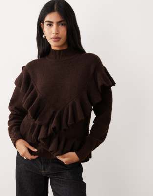 ASOS DESIGN - Oversize-Pullover in Schokobraun mit Rüschen und Stehkragen-Brown