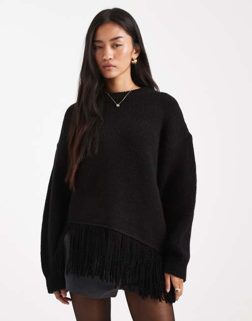 ASOS DESIGN – Oversize-Pullover in Schwarz mit Fransenbesatz, 2 von 4