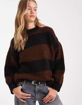 ASOS DESIGN - Oversize-Pullover in schwarz und schokobraun gestreift mit Rundhalsausschnitt-Bunt
