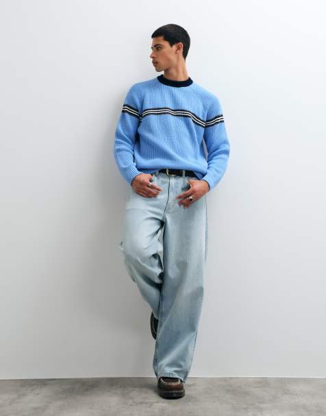 ASOS DESIGN Oversize-Pullover mit Rundhalsausschnitt in Hellblau mit kontrastierendem Rundhalsausschnitt und Streifen - view 1