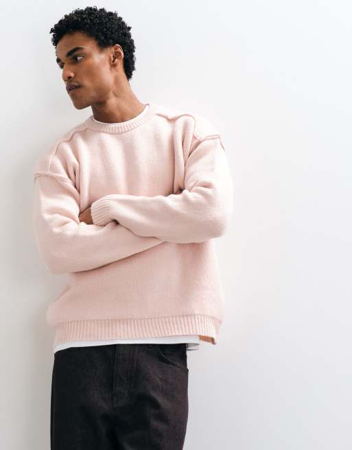ASOS DESIGN Oversize-Pullover mit Rundhalsausschnitt in Hellrosa meliert mit sichtbaren Nähten, 2 von 5