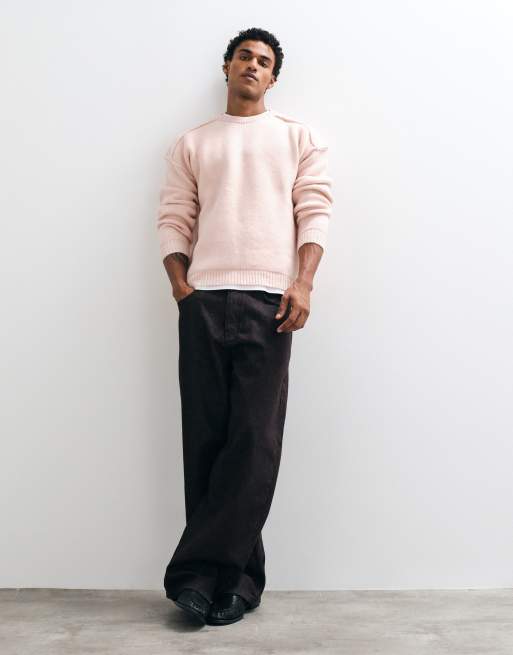 ASOS DESIGN Oversize-Pullover mit Rundhalsausschnitt in Hellrosa meliert mit sichtbaren Nähten, 3 von 5