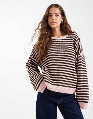 ASOS DESIGN - Oversize-Pullover mit Streifen in Schokobraun und Rosa-Bunt
