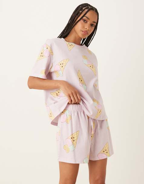 ASOS DESIGN – Oversize-Pyjama in Flieder mit T-Shirt und Shorts in Eiscreme-Print - view 1