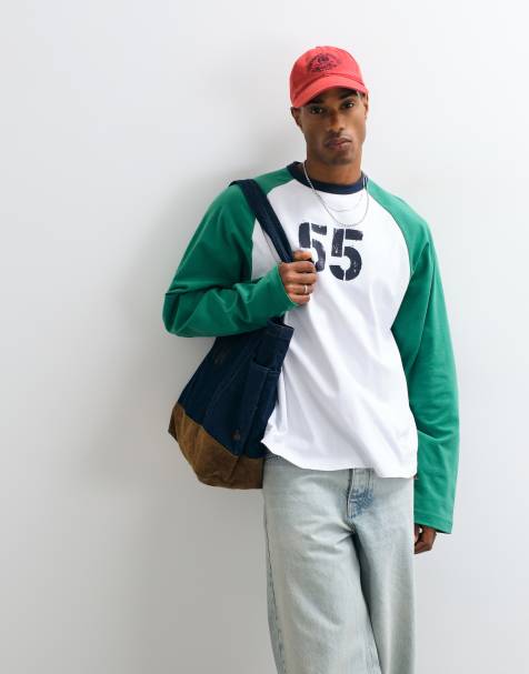ASOS DESIGN Oversize-Raglan-T-Shirt mit langen Ärmeln und Nummern-Print in Weiß und Grün - view 1