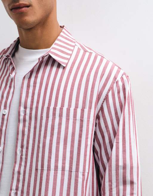 ASOS DESIGN oversize randig poplinskjorta i vinrött och vitt, 4 av 5
