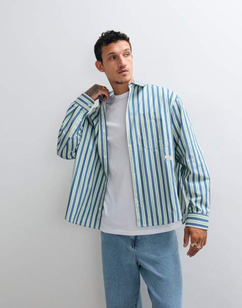 ASOS DESIGN oversize randig poplinskjorta med broderi på bröstet i blått - view 1