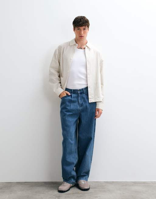 ASOS DESIGN oversize randig skjorta med dragsko i fållen i off white, 3 av 5