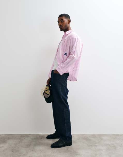 ASOS DESIGN oversize randig skjorta med placerad brodyr i rosa - view 1