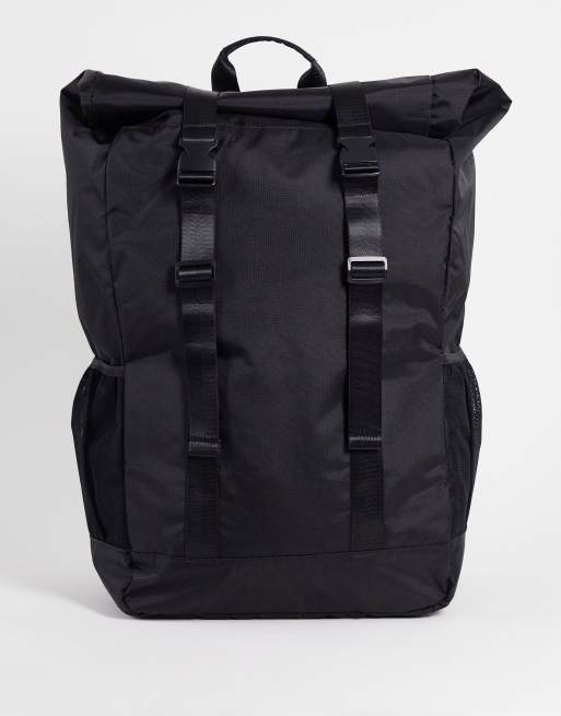 ASOS DESIGN Oversize Rucksack aus Nylon in Schwarz mit gerolltem Umschlag oben und Tasche vorne ASOS