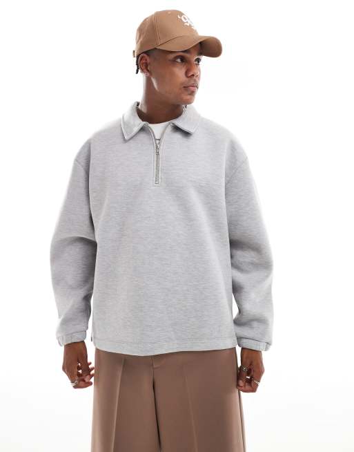 ASOS DESIGN – Oversize-Rugby-Oberteil aus Scuba-Material in Grau meliert mit Reißverschluss