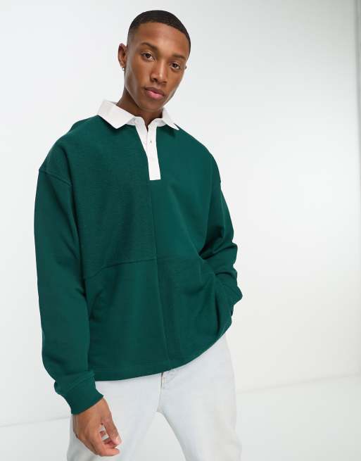 ASOS DESIGN – Oversize Rugby-Sweatshirt in Grün mit Polokragen und  Strukturstreifen-Details | ASOS