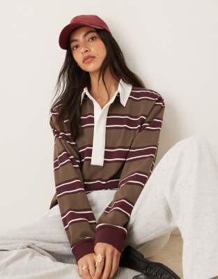 ASOS DESIGN - Oversize-Rugbyshirt in gestreiftem Khaki-Bunt